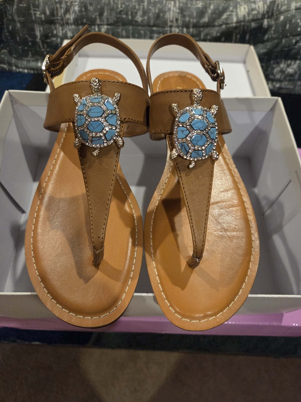 Alex Marie Brown Sandals with Blue Turtle Jewel